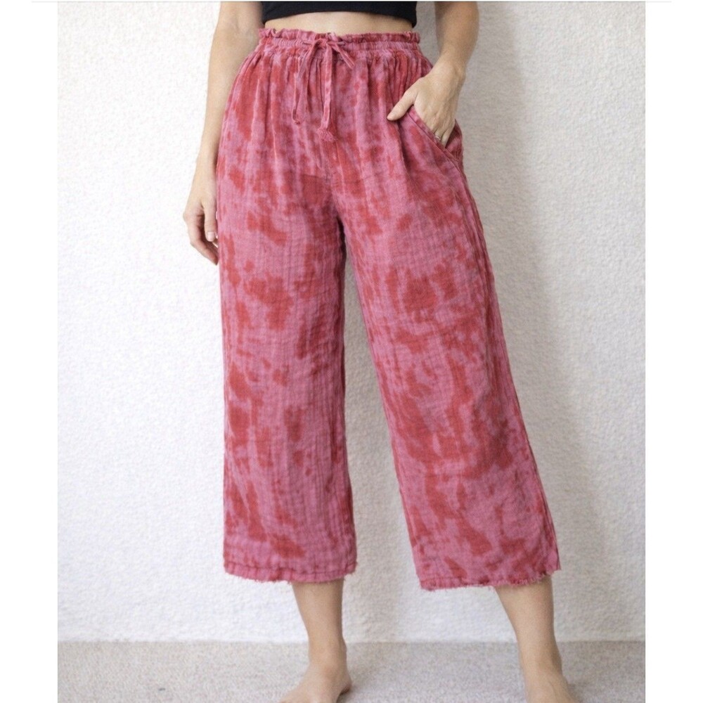 STARKX Billy Gauze Pull-on Raw hem Cotton Pants Size M Pink tie Dye
